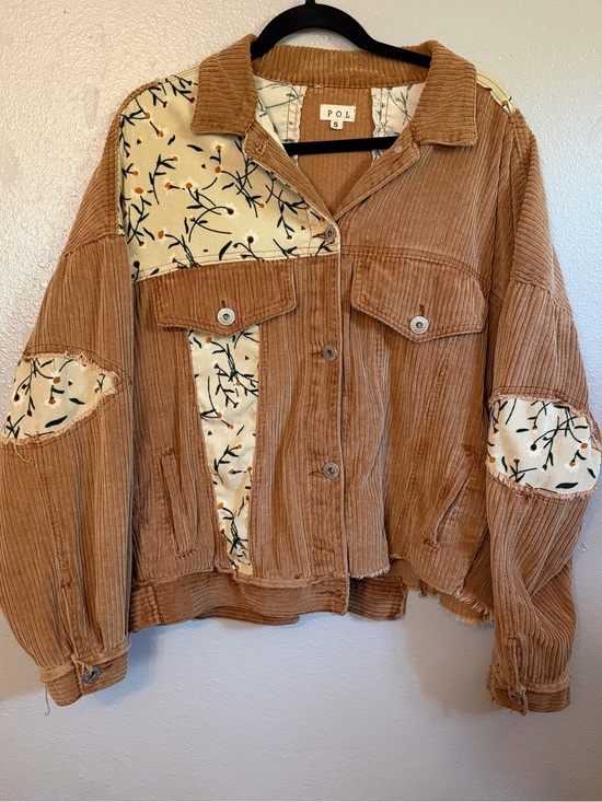 POL Jackets & Blazers - POL Oversized Corduroy Distressed Patchwork Floral Shacket Boho Raw Edge Jacket